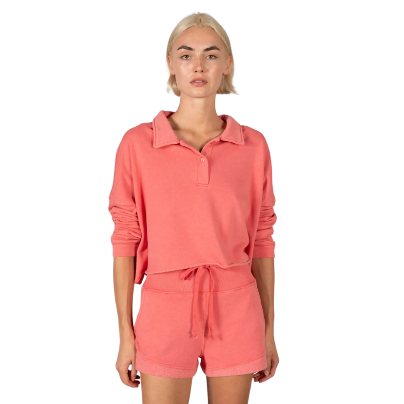 Semi-Cropped Henley Sweatshirt Set with Shorts
