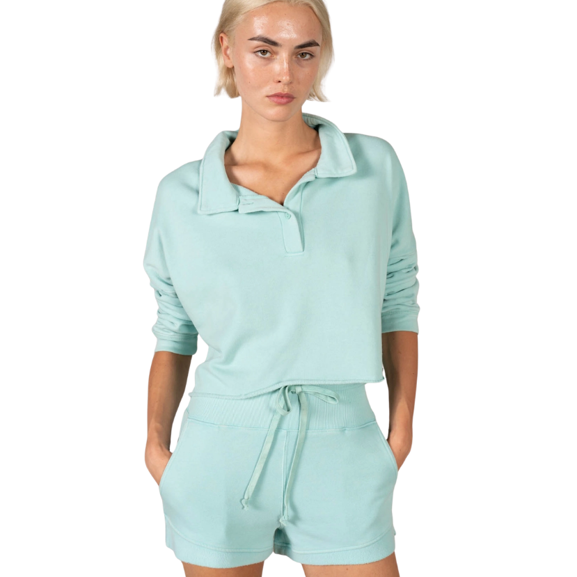 Semi-Cropped Henley Sweatshirt Set with Shorts