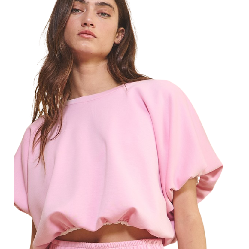 Scuba Bubble Hem and Sleeve Solid Crop Top