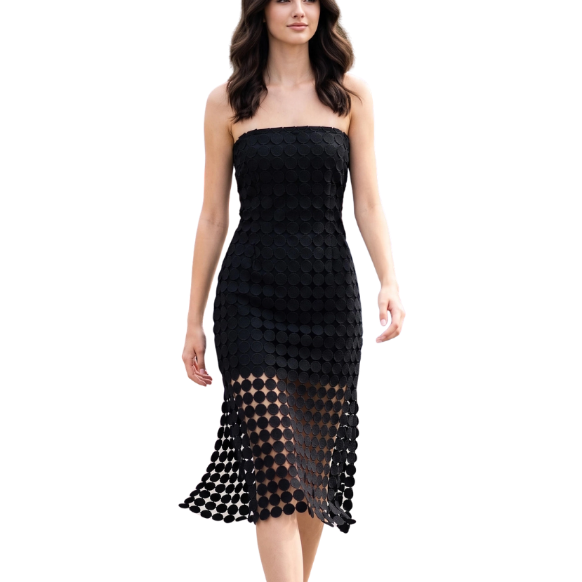 Lou Strapless Circle Lace Fringe Midi Dress