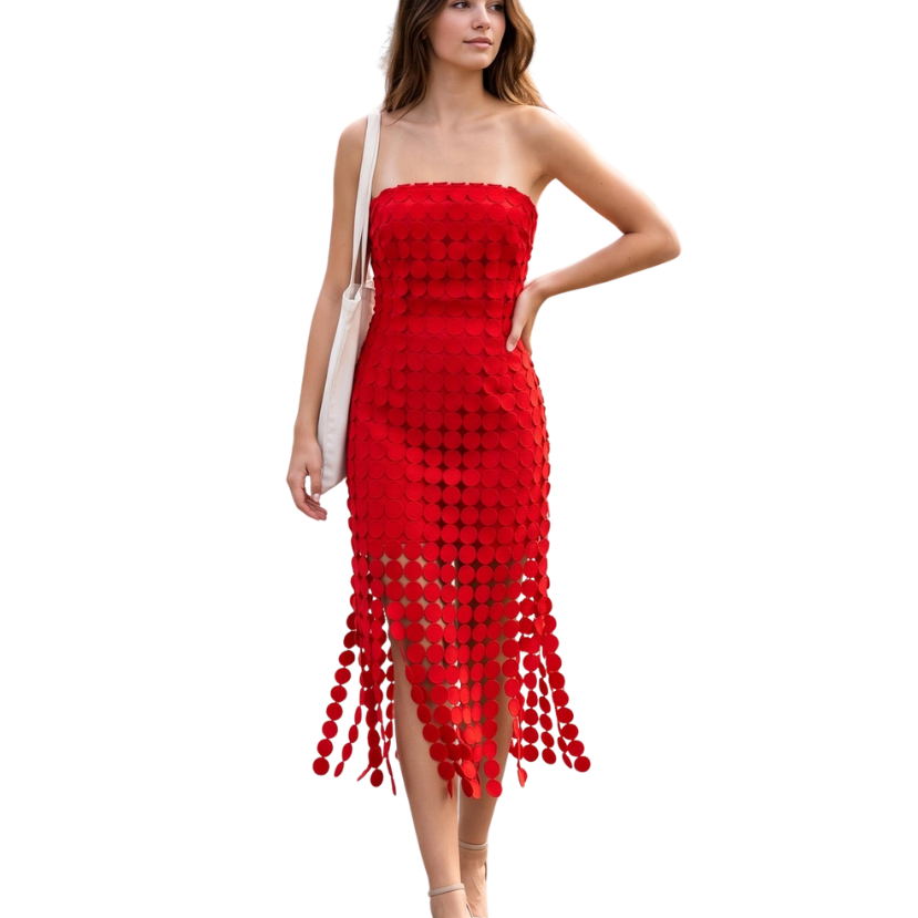 Lou Strapless Circle Lace Fringe Midi Dress