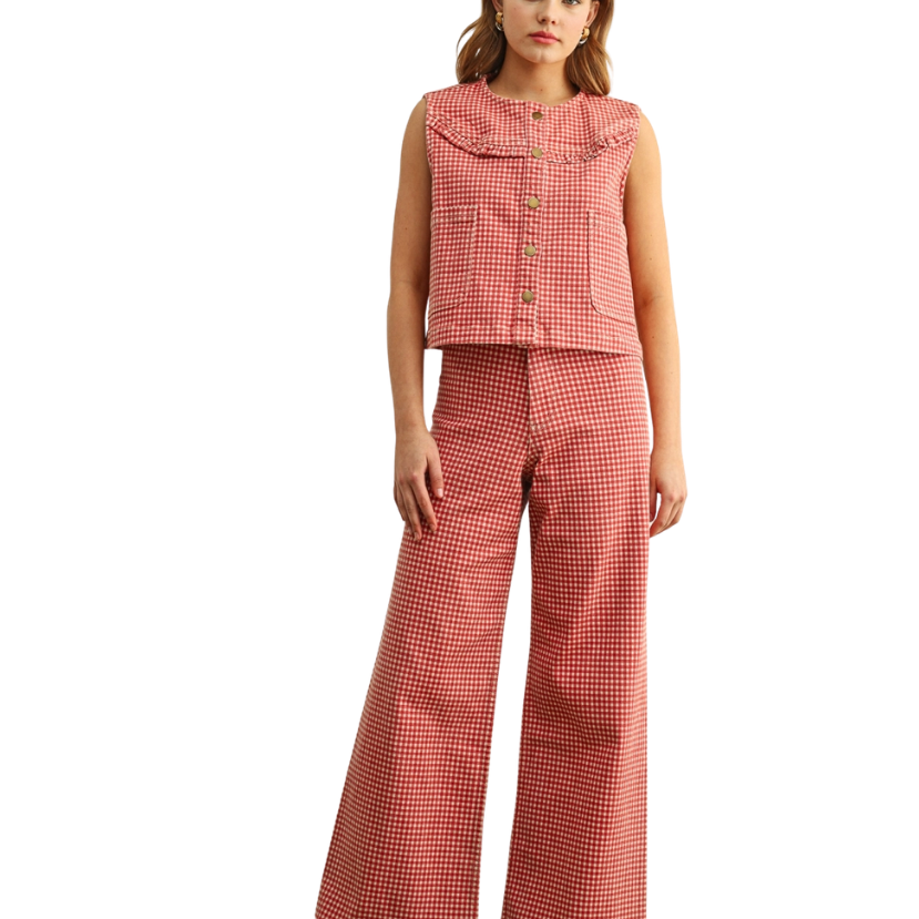 Gingham Printed Wide Jeans