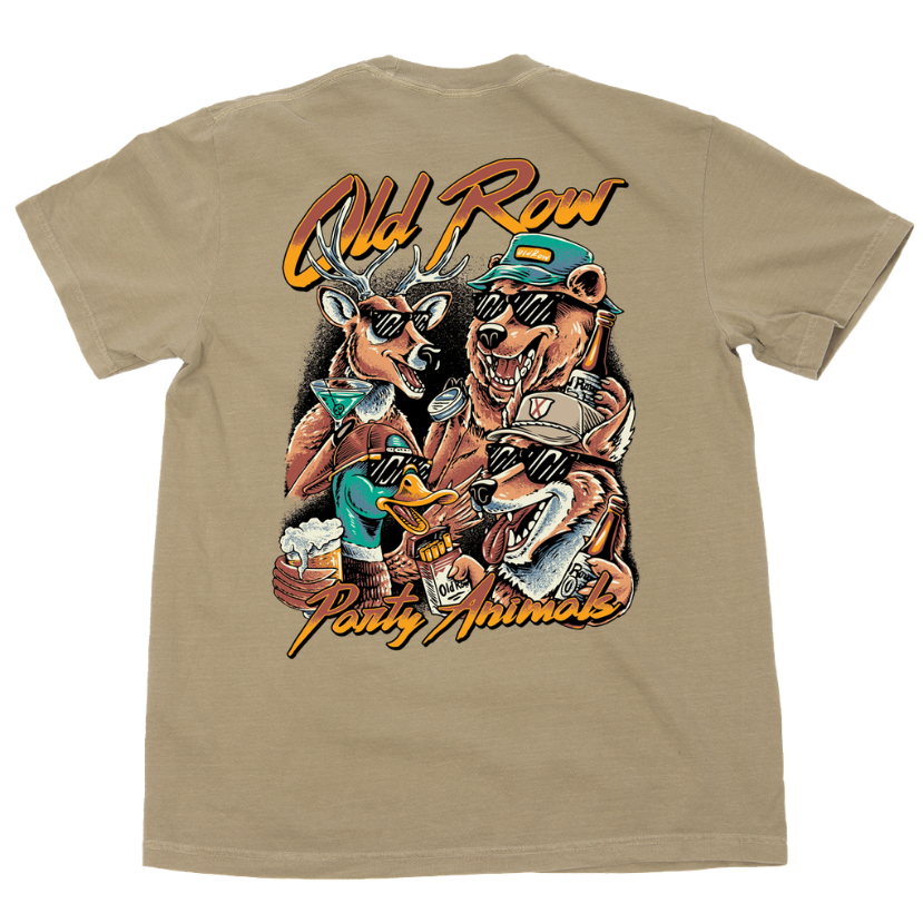 A tan crewneck t-shirt showing the back graphic, which features four cartoon animals wearing sunglasses and hats under the text 'Old Row Party Animals' in orange and yellow.