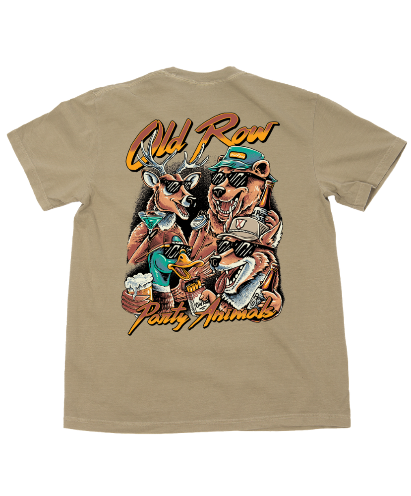 A tan crewneck t-shirt showing the back graphic, which features four cartoon animals wearing sunglasses and hats under the text 'Old Row Party Animals' in orange and yellow.