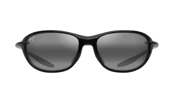 Black MAUI JIM Polarized sunglasses with gray lenses on a white background