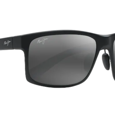 Black Maui jim sunglasses with a reflective polarized grey lens on a white background