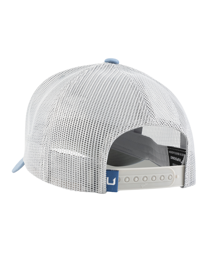 The back view of a white mesh trucker cap with a light blue button and matching blue accent on the adjustable strap.