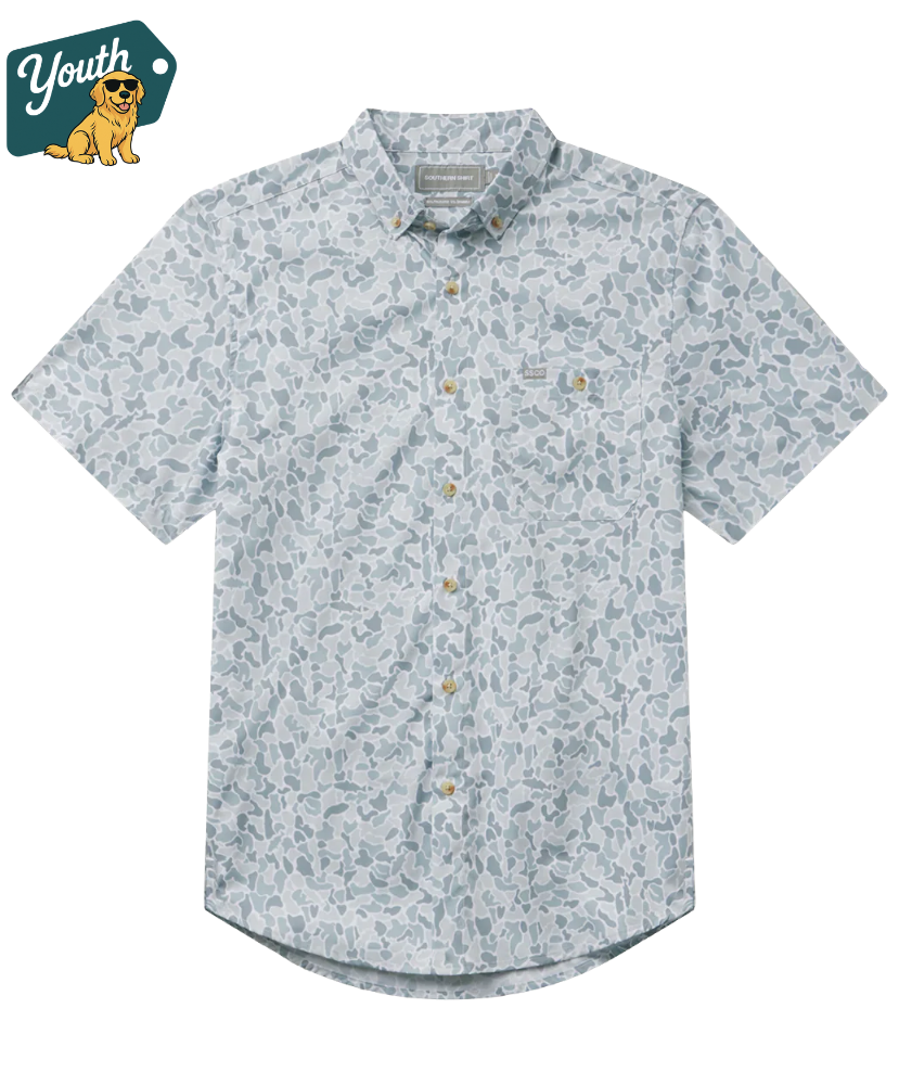Short-sleeve Kid's button-up shirt with a subtle pattern on a white background, featuring the 'Youth' brand logo.