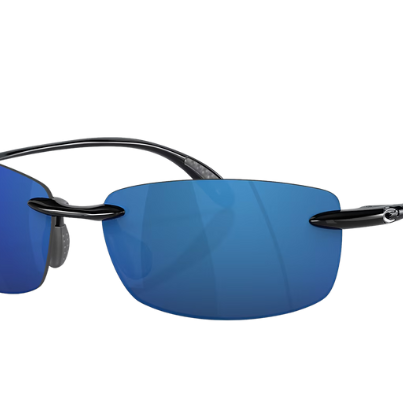 Sunglasses with blue lenses and black frames on a white background