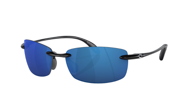 Sunglasses with blue lenses and black frames on a white background