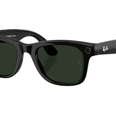 Black sunglasses with green lenses on a white background