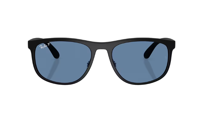 Black Ray-Ban RB4468 sunglasses with blue polarized lenses on a white background