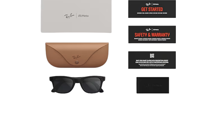 Ray-Ban sunglasses with brown case and warranty card on a white background