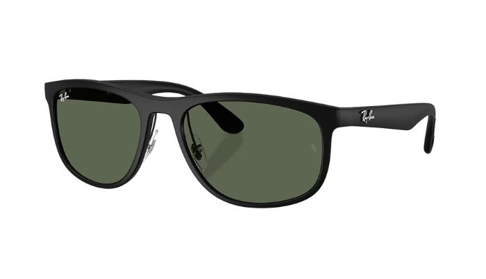 Black Ray-Ban RB4468 sunglasses with green lenses on a white background