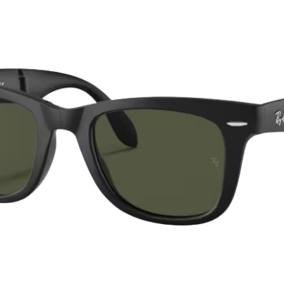 Black sunglasses with green lenses on a white background