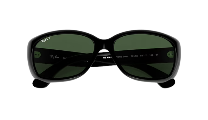 Black Ray-Ban sunglasses with green lenses on a white background