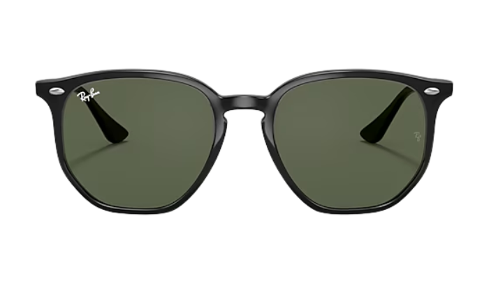 Black Ray-Ban sunglasses with green lenses on a white background