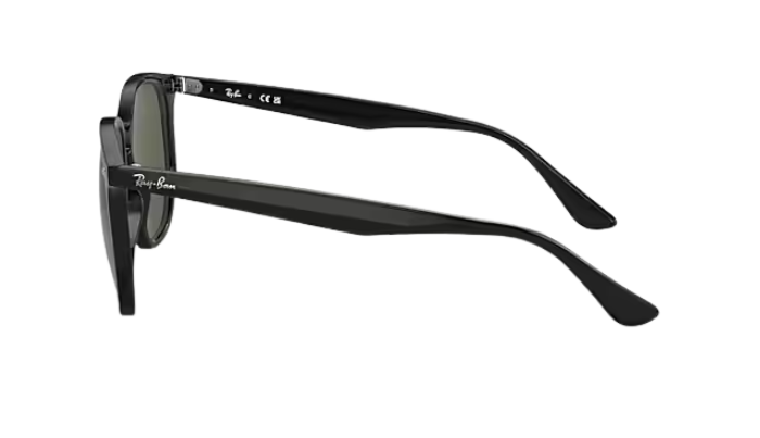 Black Ray-Ban sunglasses with green lenses on a white background