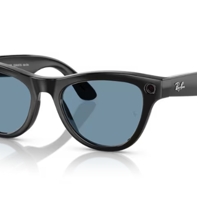 Black sunglasses with blue lenses on a white background
