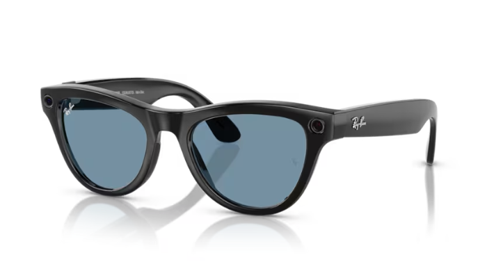 Black sunglasses with blue lenses on a white background