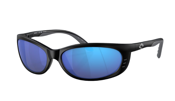 Black-framed sunglasses with blue lenses on a white background