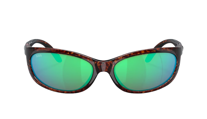 Sunglasses with green lenses and tortoiseshell frame on a white background