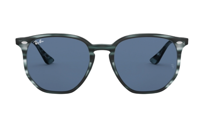 Ray-Ban Sunglasses with a black and blue tortoise frame and blue lenses on a white background