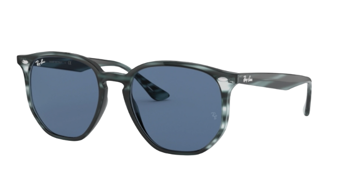 Ray-Ban Sunglasses with a black and blue tortoise frame and blue lenses on a white background