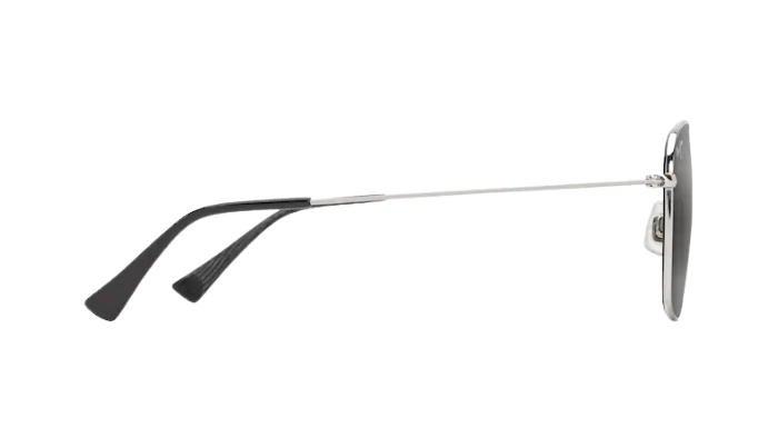 Sunglasses with black frames and silver arms on a white background