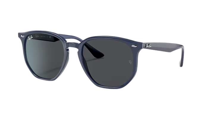 Polished Blue Ray-Ban sunglasses with a white background