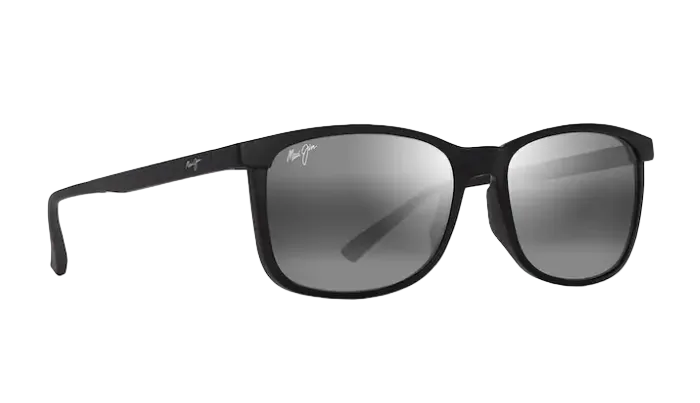 Black sunglasses with reflective lenses on a white background