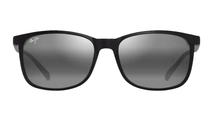 Black sunglasses with reflective lenses on a white background