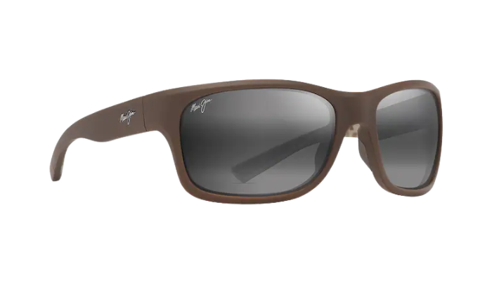 Brown sunglasses with a reflective lens on a white background Maui Jim