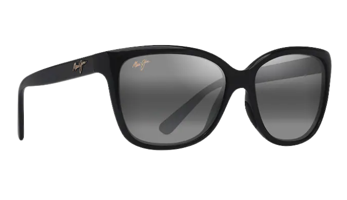 Black Maui Jim sunglasses with a reflective polarized lens on a white background