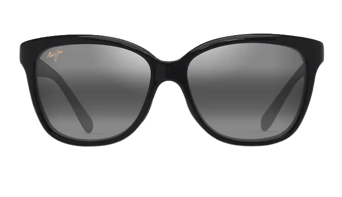 Black Maui Jim sunglasses with a reflective polarized lens on a white background