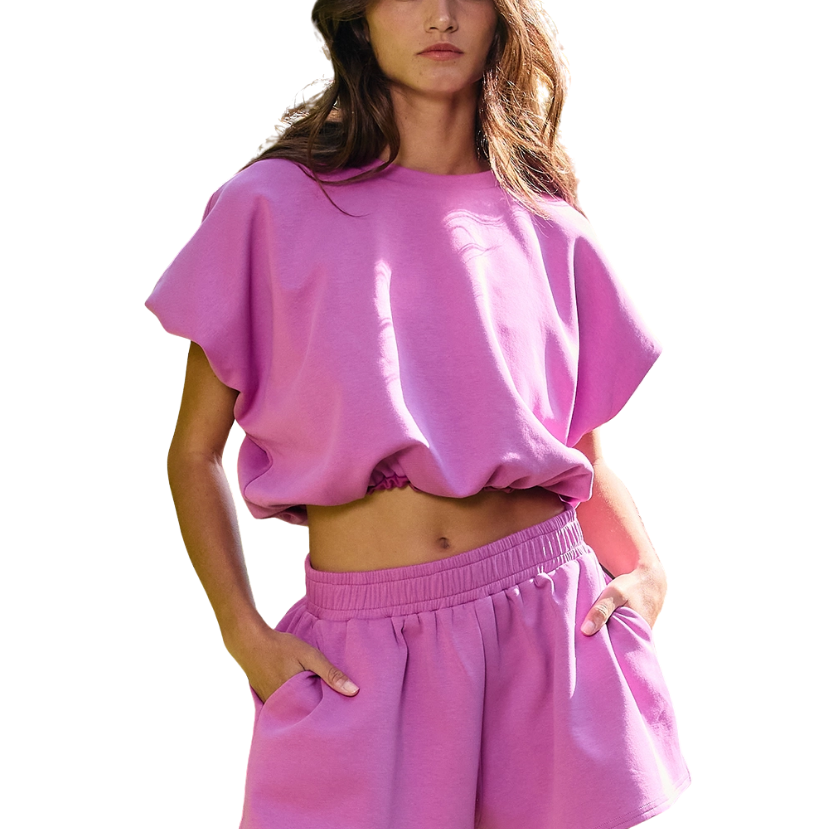 Scuba Bubble Hem and Sleeve Solid Crop Top