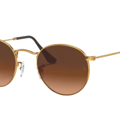 Ray-Ban Round sunglasses with gold frame and brown lenses on a white background