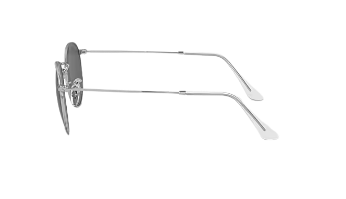 Silver sunglasses with a reflective surface on a white background