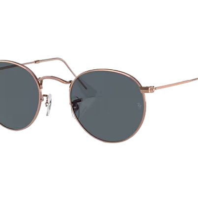 Round Ray-Ban sunglasses with rose gold frame and dark lenses on a white background