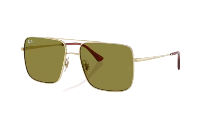 Gold-framed sunglasses with green lenses on a white background
