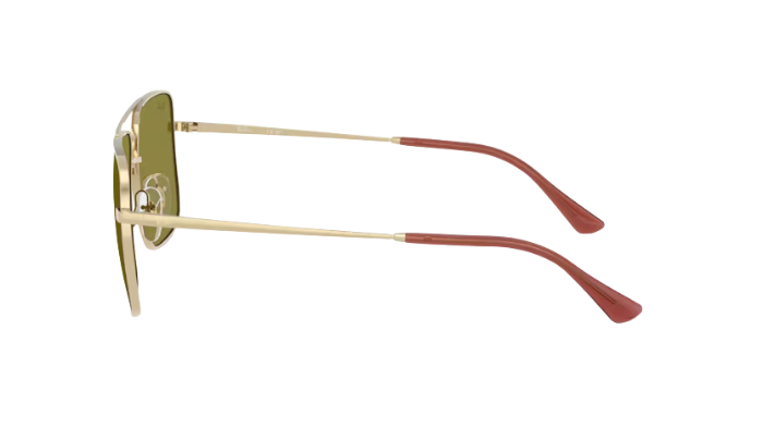 Sunglasses with gold frame and red arms on a white background