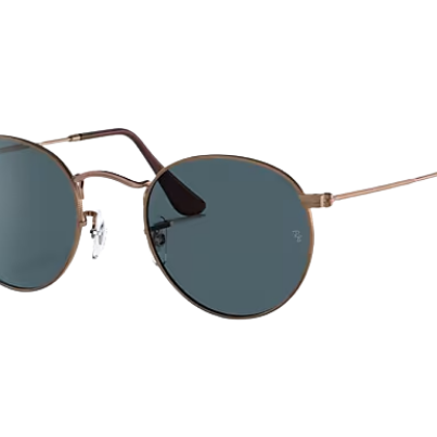 Ray-Ban Round sunglasses with gold frame and dark lenses on a white background