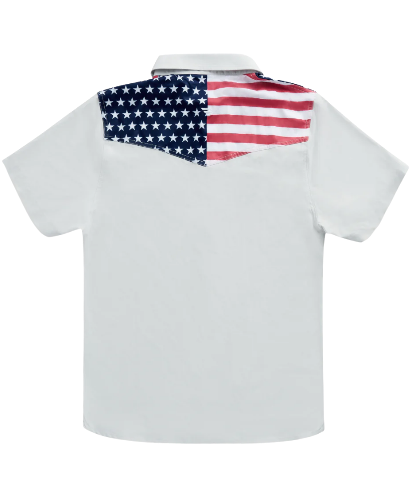 White polo shirt with American flag on the back against a white background
