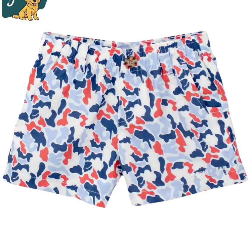 Colorful camouflage shorts with a brand logo on a white background