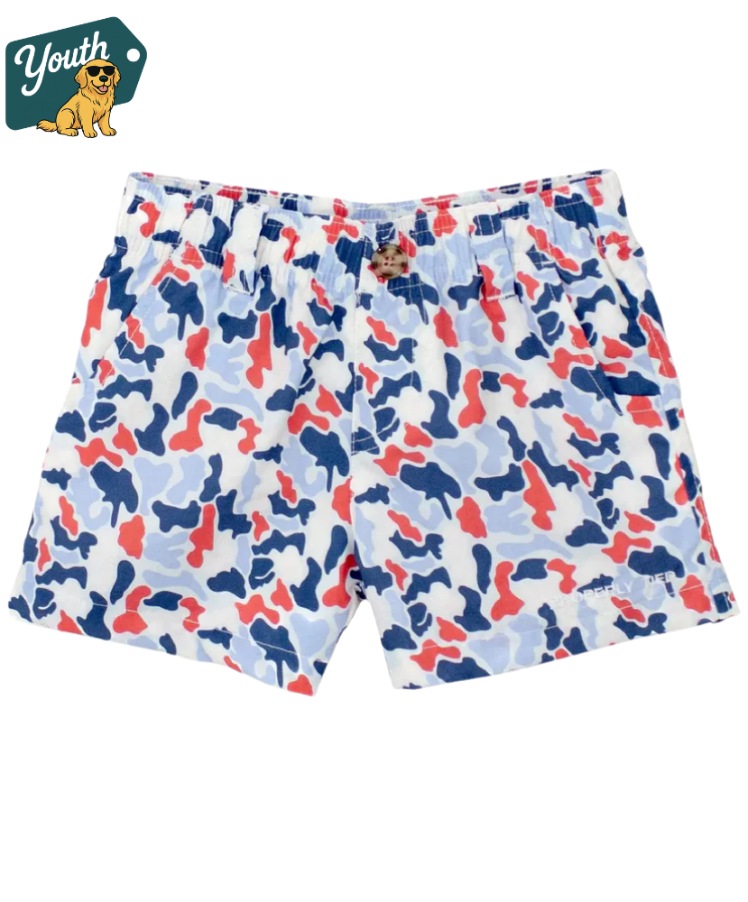 Colorful camouflage shorts with a brand logo on a white background