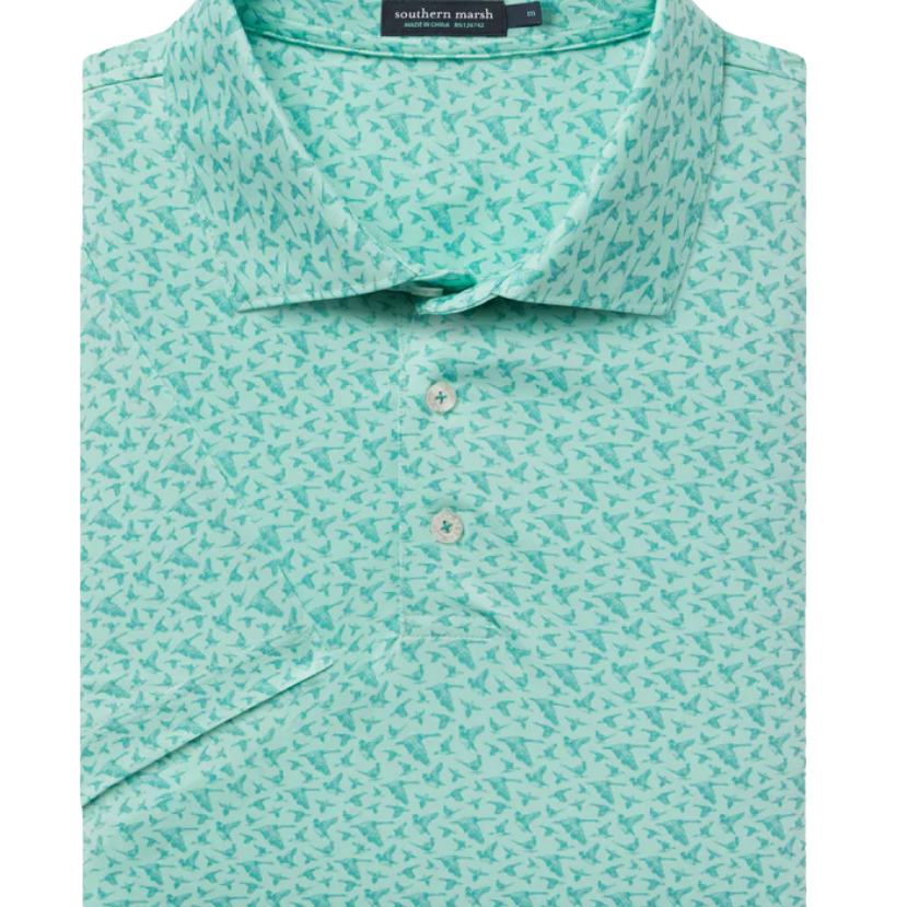 Teal patterned polo shirt WITH waterfowl design print on a white background