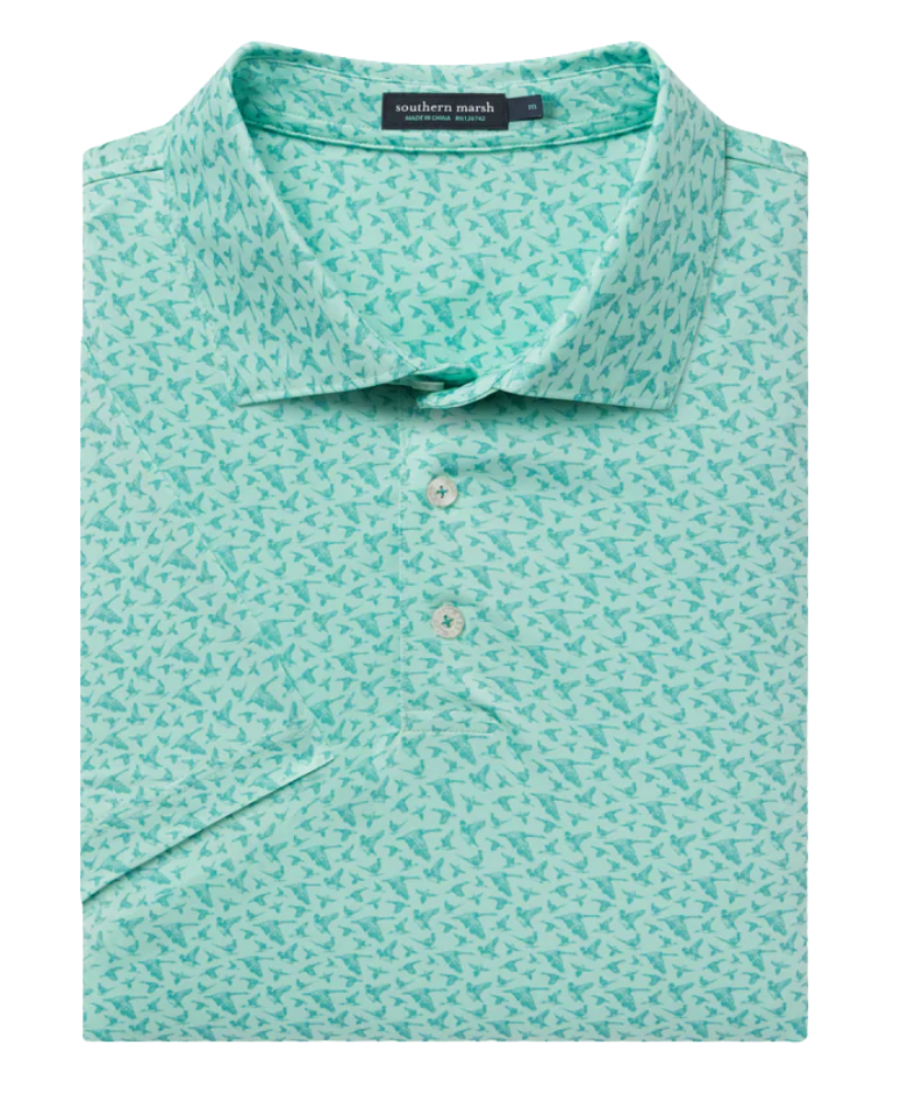 Teal patterned polo shirt WITH waterfowl design print on a white background
