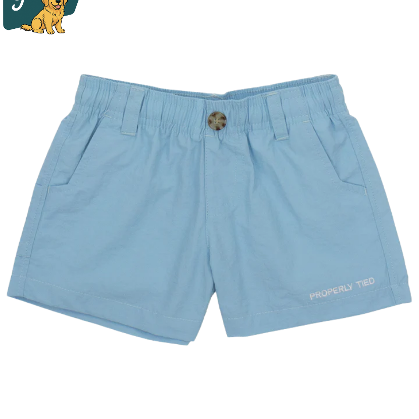 Light blue shorts with a brand logo on a white background