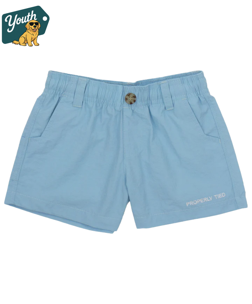 Light blue shorts with a brand logo on a white background