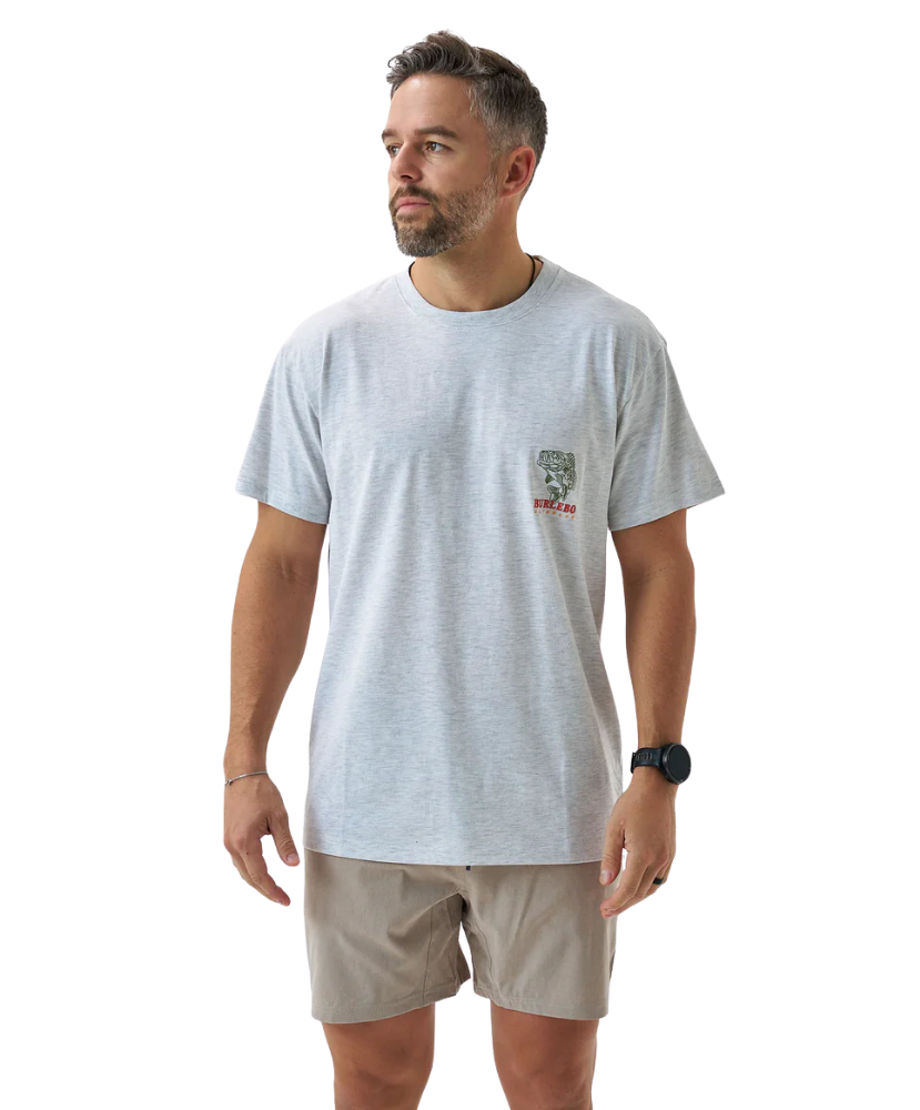 Man wearing a light gray t-shirt with a logo on a white background